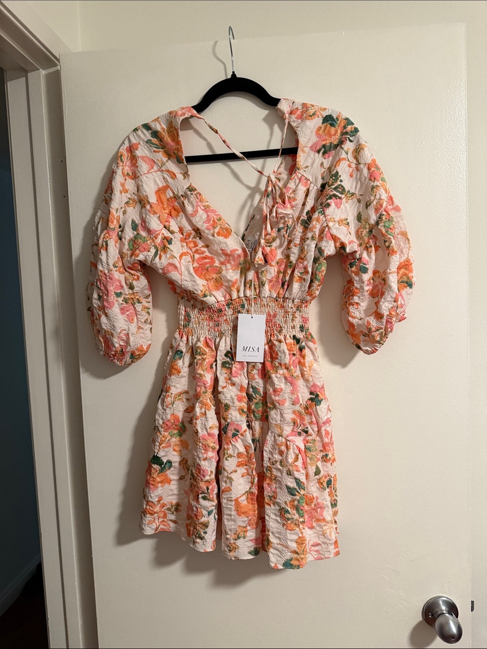 Misa Los Angeles Cream Floral Smocked Mini Dress with Coral and Green Accents